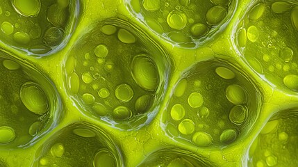 Wall Mural - Close up of green leaf cells with water droplets highlighting vibrant natural textures and patterns