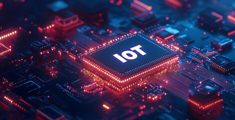 Poster - Illuminated IoT microchip on a circuit board.