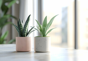 Wall Mural - 
Three snake plants and pothos in concrete pots on a table by the window, stock photo, light colors.