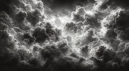 Poster - dramatic grayscale image depicting a turbulent, dense cloud formation. light penetrates through the 