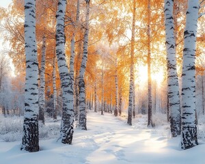 Wall Mural - Tranquil Snow Laden Forest with Frost Covered Birch Trees and Soft Winter Sunset