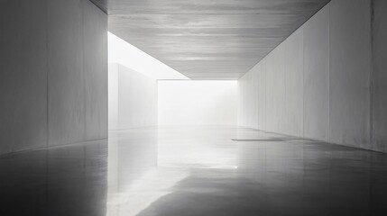 Wall Mural - Long, narrow hallway with a white wall. The hallway is empty and the light is shining on the floor