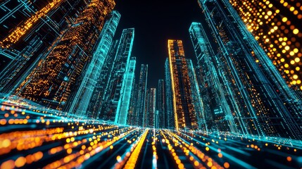 Poster - Abstract Neon Cityscape with Glowing Connections in Cyberspace