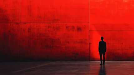 Wall Mural - Man stands in front of a red wall. The wall is covered in graffiti and has a dark, moody atmosphere. The man is looking up at the wall, as if he is contemplating something