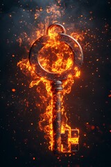 Poster - Fiery key engulfed in flames against a dark background. Sparks and embers surround it, creating a dramatic and intense image