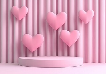 Wall Mural - Pink pastel hearts float against a pink wood slat background, centered on a round pedestal. Soft lighting creates a romantic and gentle mood. Ideal