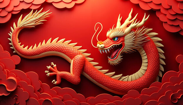 Happy chinese new year, year of the dragon zodiac sign hanging beautiful lantern and flowers on red background