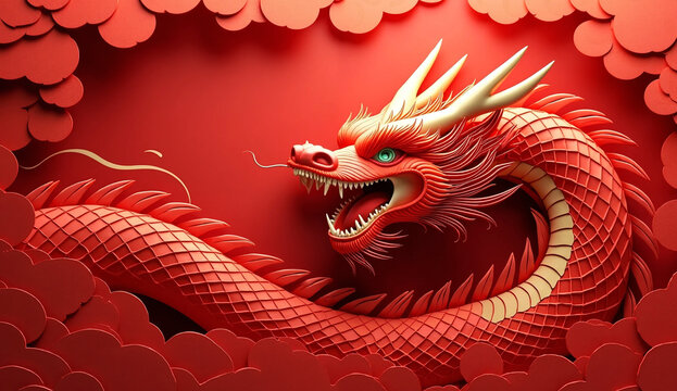 Happy chinese new year, year of the dragon zodiac sign hanging beautiful lantern and flowers on red background