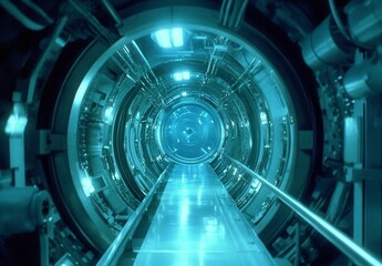 Poster - futuristic metallic tunnel interior, glowing teal light, reflective floor, circular design, science 