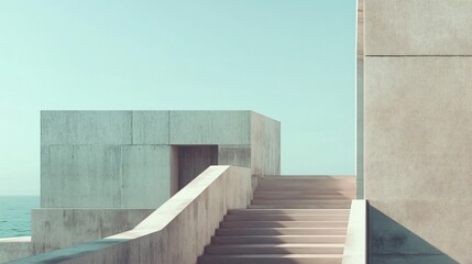 Wall Mural - Concrete building with a staircase leading up to it. The stairs are grey and the building is grey as well. The building is near the ocean and the sky is blue