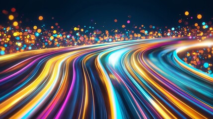 Poster - Spiraling Curved Lines with Glow and Colorful Lights on Digital Background