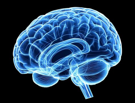 Abstract digital rendering of a human brain in glowing blue, viewed from the side against a black background. The image is detailed, showing the