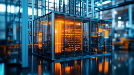 Poster - futuristic industrial server room with glowing orange and blue components, reflecting on a polished 