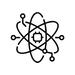 Poster - A black outlined atom symbol with a square microchip at its center, on a white background. Represents technology, science, and computing at a microscopic level.