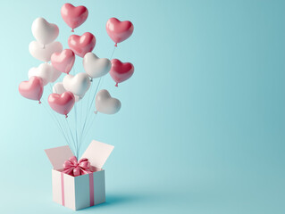 Wall Mural - Pink and red heart-shaped balloons flying out of an open gift box on an isolated pastel blue background, a happy Valentine's Day concept.