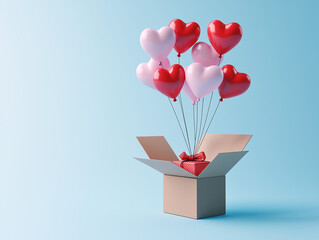 Wall Mural - Pink and red heart-shaped balloons flying out of an open gift box on an isolated pastel blue background, a happy Valentine's Day concept.