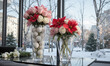 © panophotograph - Christmas Magic (Poinsettias Holly White Roses) tall, slender vase with icy-clear water, holding a festive bouquet of red