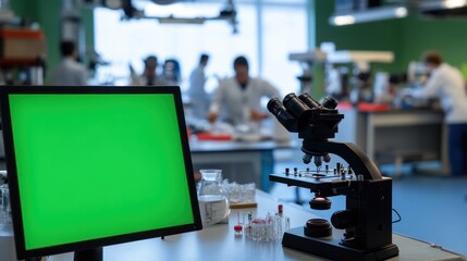 Poster - Table with a desktop green screen display, microscope, and biological samples in a busy science lab environment with scientists working in the background