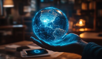 Aufkleber - glowing digital earth held in a hand.