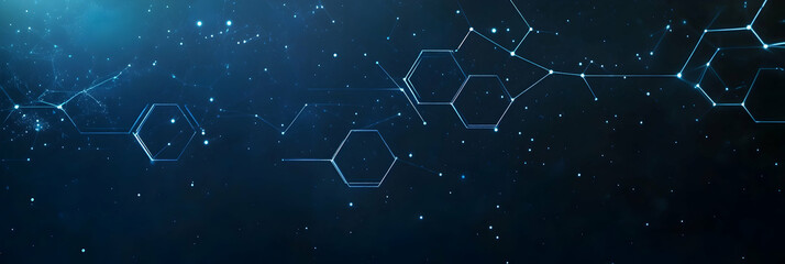 Poster - Blue technology background with white line hexagons and digital connection elements