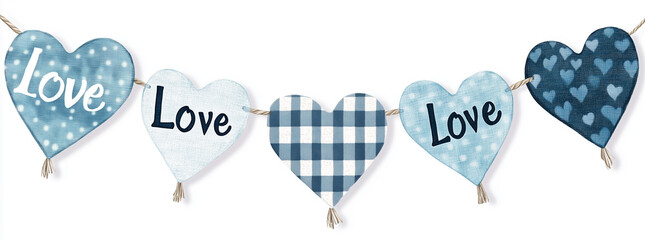 Wall Mural - A cute Valentine's Day blue garland of blue hearts and checkered fabric, with the word 