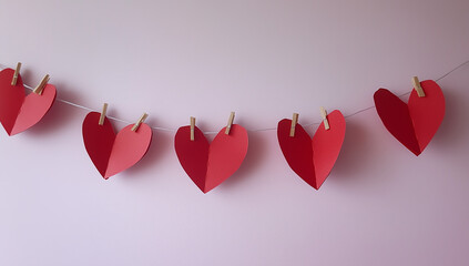 Poster - A red heart-shaped clothesline with fabric hearts and wooden pins hangs against an  pastel pink  background, creating a cute Valentine's Day scene.