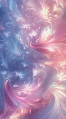 Wall Mural - A digital art piece featuring an abstract background with swirling patterns of pastel pink and blue hues, resembling liquid metal with iridescent reflections.