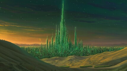 Poster - Futuristic Skyline Under Veil of Dynamic Data and Vibrant Green Lights