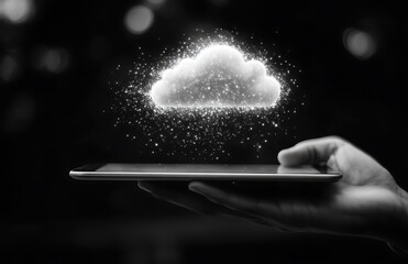Poster - Glowing cloud icon above a hand holding a tablet, representing cloud computing and digital technology.