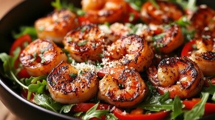 Wall Mural - Close up view of a delicious shrimp salad. Grilled shrimp are arranged on a bed of fresh arugula and red bell peppers, seasoned with parmesan cheese