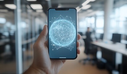 Aufkleber - hand holding smartphone displaying a glowing digital globe representing global network connection in