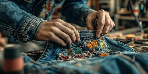 Close-up of hands repairing denim with colorful patches, ideal for fashion, DIY, and craftsmanship themes.