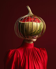 Wall Mural - A high-fashion photograph of a woman with her head encased in a golden metal wire sculpture resembling a watermelon.Minimal creative fashion and food concept with copy space