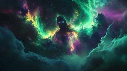 Poster - Breathtaking image of a vibrant surreal galactic landscape with swirling cosmic energy glowing nebulae and a dramatic colorful night sky filled with stars