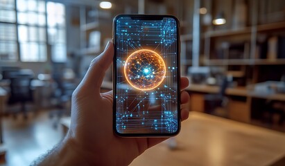 Aufkleber - hand holding smartphone displaying a glowing digital sphere, representing global network connection.