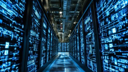 Poster - Illuminated Data Streams in a High-Tech Server Room with Vibrant Patterns