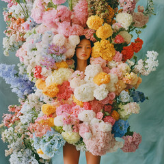 Wall Mural - The model wears an outfit made of large flower bouquets in green and pink with orange details.Minimal creative fashion editorial concept with copy space.