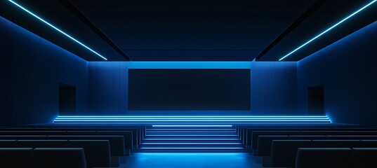 Poster - A sleek conference setup with empty screen space for text