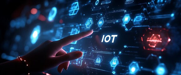 Aufkleber - finger pointing at iot screen with connected devices icons.