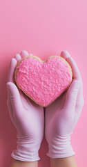 Poster - A pink heart-shaped cookie held in the hands of a gloved woman, against a pink background, in a close-up shot with  copy space.Minimal creative Valentine's holiday food concept.Copy space,flat lay.