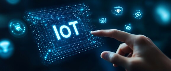 Poster - Hand interacting with a futuristic digital IoT interface.