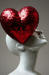 Wall Mural - A red sequin heart on a white mannequin head, with a plain background. Minimal creative Valentine's fashion concept.Copy space 