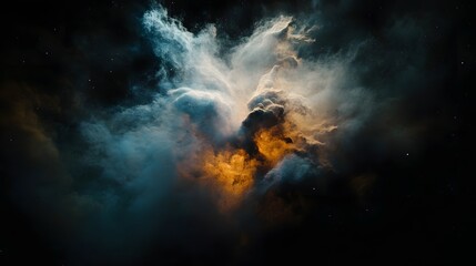 Poster - Dramatic and intense fiery explosion bursting forth from a surreal dynamic cosmic cloudscape with a powerful flaring glow and plumes of smoke against a dark turbulent background