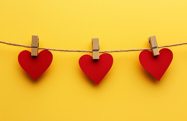 Poster - A red heart-shaped clothesline with fabric hearts and wooden pins hangs against an  yellow  background, creating a cute Valentine's Day scene.