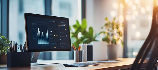 Poster - a sleek office with a focus on a large digital display