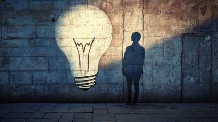 Wall Mural - An artistic representation of a person's silhouette casting a shadow shaped like a light bulb on a city wall, Creative inspiration scene, Artistic style
