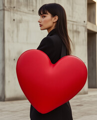 Wall Mural - A woman in black business attire holds an oversized, red heart-shaped handbag with a handle, standing against a white background.Minimal creative Valentine's fashion concept with copy space.