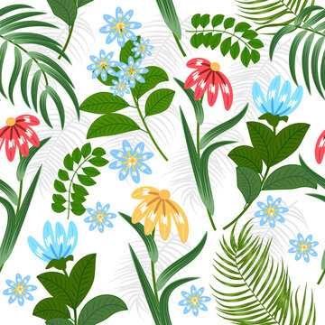 Fototapete -  - Seamless pattern with bright flowers and tropical leaves of palm tree.