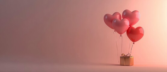 Wall Mural - Pink heart shaped balloons float above a small golden gift box against a soft pink background. Romantic, festive mood