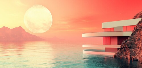 Poster - Sunset over calm water, large moon, and a minimalist pink and white house on a cliff. Pixel art style, warm color palette, serene atmosphere